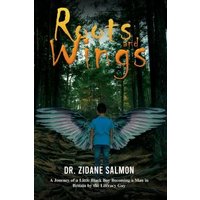 "Book 'Roots and Wings' with boy in blue shirt, forest background, and wing illustrations on cover."