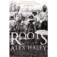 "Roots book by Alex Haley, black and white cover with historical photo of African American family in a field"