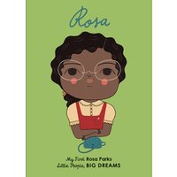 Children's book "Rosa" with illustrated girl in glasses, red dress, and braids on green background.