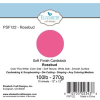 "Pink Rosebud cardstock by Elizabeth Craft Designs, 100lb weight, 12x12 inches, soft finish, smooth surface"