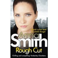 Book cover "Rough Cut" by Anna Smith, featuring a woman's face over a cityscape background with bold white text.