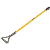 Yellow Roughneck Dutch hoe with serrated edge, long handle, and black grip.