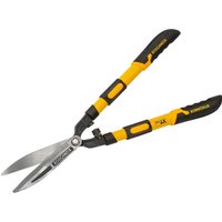 Roughneck XT Pro telescopic hedge shears with yellow and black handles, silver blades, and adjustable length.