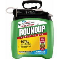 Green Roundup 5L weed killer sprayer with black handle, white nozzle, and yellow label detailing fast action formula.
