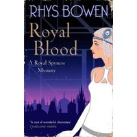 "Royal Blood book cover with art deco woman in white dress, city skyline, and purple background"