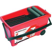 Red Rubi Rubiclean Superpro Washboy Bucket with black handle, grid, and rollers, featuring wheels for mobility.