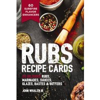 "Rubs Recipe Cards book with spices, herbs, and wooden spoon on dark background, red and white text on cover."