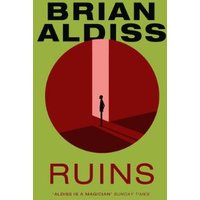 Green book cover of "Ruins" by Brian Aldiss, featuring a silhouette in a red circle with bold black and red text.