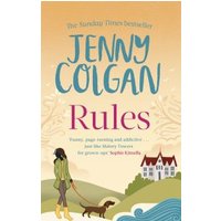 "Book titled 'Rules' by Jenny Colgan, featuring a woman walking a dog near a house with a scenic background."