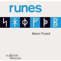 "Runes book by Martin Findell, white cover with blue and black runic symbols, published by The British Museum"