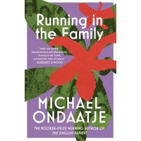 Purple book cover "Running in the Family" by Michael Ondaatje, features red flowers and green leaves.