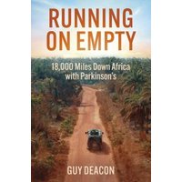 "Running on Empty" book cover with a car on a dirt road through a forest, sky gradient from blue to orange.