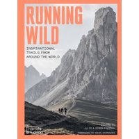 "Running Wild book with orange border, mountain trail cover, and hikers; subtitle 'Inspirational Trails from Around the World'"