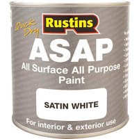 Rustins ASAP paint can, satin white, quick dry, labeled for all surfaces, interior and exterior use.
