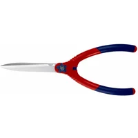 S+J hand shears with red and blue handles, sharp carbon steel blades by Spear and Jackson.