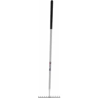 S+J Neverbend Soil Rake with long silver handle, black grip, and carbon steel head with 14 flat tines.