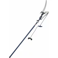 Telescopic tree pruner with blue handle, curved blade, and rope pulley system by Spear and Jackson.