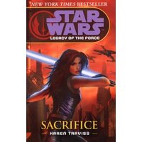"Star Wars book 'Sacrifice' by Karen Traviss, featuring a character with a blue lightsaber on a fiery background"