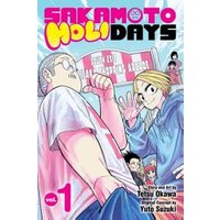 "Sakamoto Holidays Vol. 1 manga, colorful cover with two characters in casual clothes, bright pink and blue text"