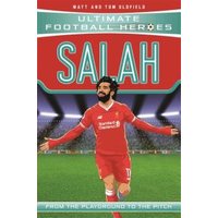 "Ultimate Football Heroes book featuring Salah in a red soccer kit, arms outstretched on a stadium background"