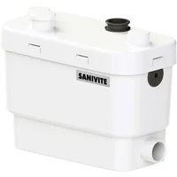 White Sanivite + 6004 grey water pump with black top inlet and side outlet, rectangular shape, Saniflo logo.