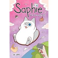 "Saphie the One-Eyed Cat Volume 1, cartoon cat with one eye on pink and purple cloud background with small cat illustrations"