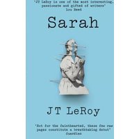 Blue cover of "Sarah" by JT LeRoy, featuring a black and white illustration of a person with pins.