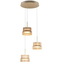 Bronze Maytoni LED cluster pendant light with three layered cylindrical shades, dimmable, 3000K warm light.