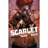 Comic book cover featuring a red-haired woman holding two guns, titled "Scarlet" by Bendis and Maleev.