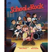 "School of Rock book cover with cartoon band, instruments, and colorful background"