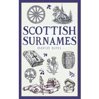 "Scottish Surnames book by Birlinn, features illustrations of a wheel, thistle, and barrel on a white cover."