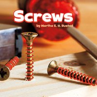 Gold and red screws on wooden surface with screwdriver and blurred background.