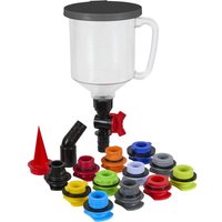 Sealey 15 Piece Engine Oil Funnel Kit with white funnel, black lid, red valve, and assorted colorful adapters.