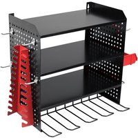 Black and red Sealey 3-shelf storage rack with perforated sides, hooks, and slots for organizing power and hand tools.