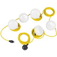 Sealey 5 LED festoon lighting kit with white domed lights on a 15-metre yellow cable, black plug attached.