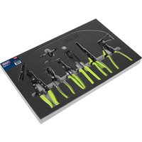 Sealey 7 Piece Hose Clip Removal Tool Kit with black handles and neon green grips in a foam organizer tray.