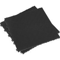 Black Sealey anti-slip polypropylene floor tile with interlocking edges, textured surface, and square shape.