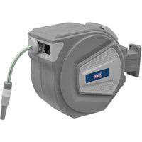 Gray Sealey auto rewind garden hose reel with wall mount, textured panel, and retractable hose nozzle.