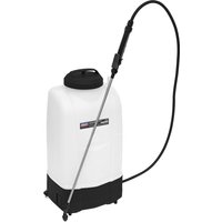 White Sealey cordless garden backpack sprayer with black hose, nozzle, and base, featuring a 20V battery.
