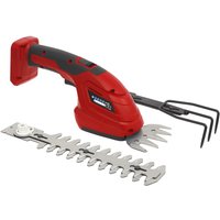Red and black Sealey cordless garden tool with interchangeable hedge trimmer and grass shear attachments.