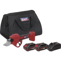 Red and black Sealey cordless pruning shears with two batteries, charger, and black carrying case.
