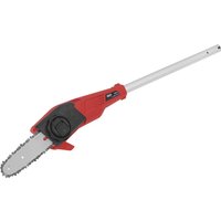 Red and silver Sealey 20v cordless tree pruner head with a compact chainsaw blade and ergonomic handle design.