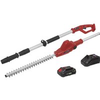 Red and silver Sealey cordless telescopic hedge trimmer with black handle, 20v battery, and charger kit.