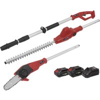 Red and silver Sealey cordless hedge trimmer and tree pruner with two detachable heads and two lithium batteries.