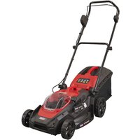 Red and black Sealey cordless lawnmower with 40cm cutting width, adjustable handle, and rear grass collection bag.