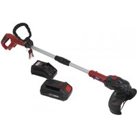 Red and black Sealey cordless strimmer with 20V battery, adjustable handle, and charger included.