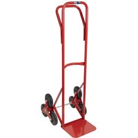 Red Sealey stairway sack truck trolley with tri-wheel design and tall handle for easy stair navigation.