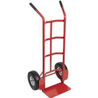 Red Sealey CST986 sack truck trolley with black handles, two pneumatic wheels, and a flat loading base.