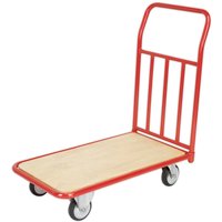 Red Sealey CST993 platform truck with wooden deck and four wheels, featuring a tall handle with vertical bars.