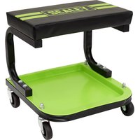 Black and green Sealey Deluxe Mechanics Utility Seat with padded top, metal frame, and caster wheels.